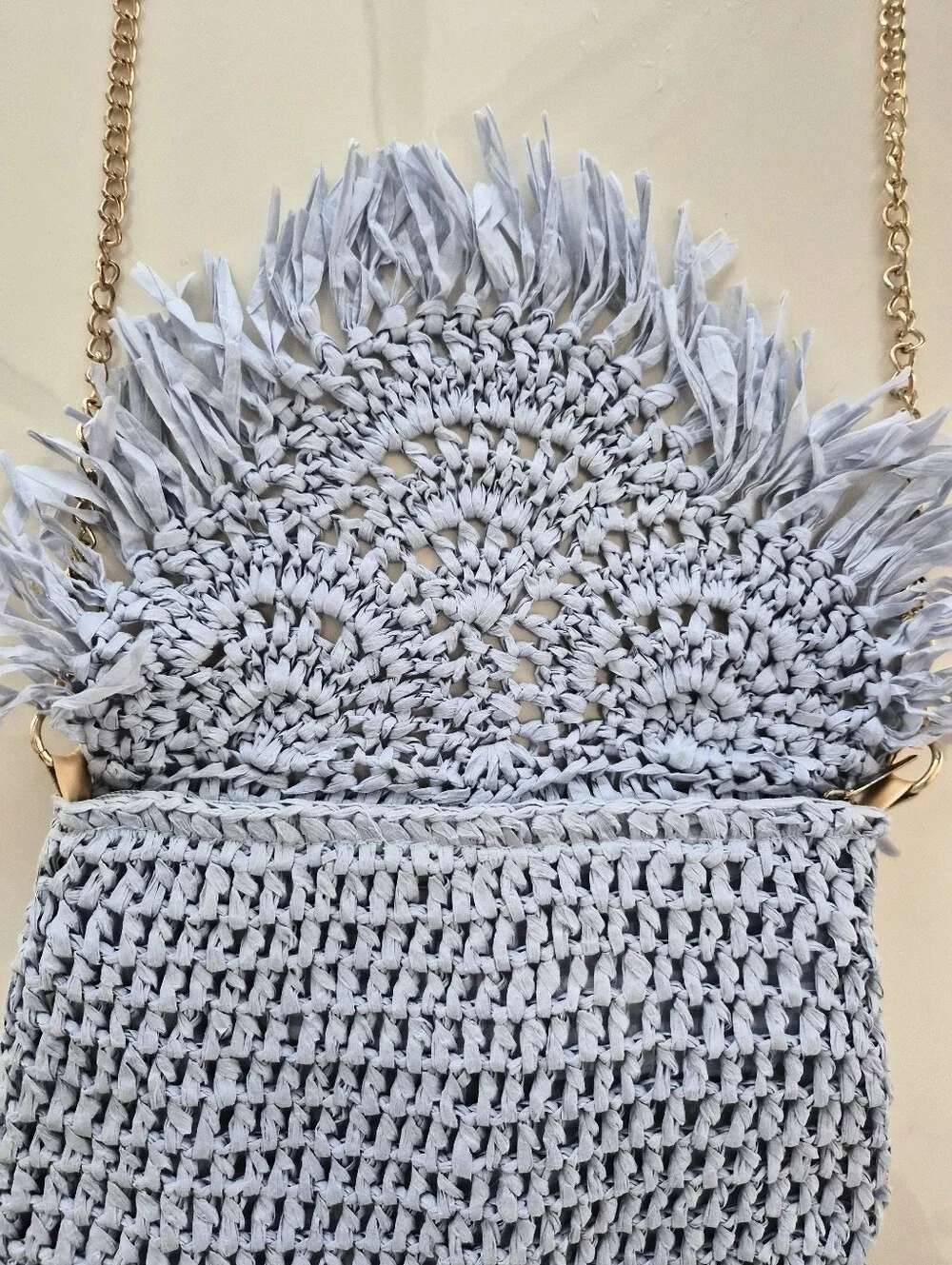 Lisi Lerch Blue Crocheted Raffia Fringe Crossbody Bag
